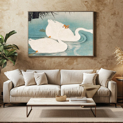 Experience the grace and elegance of nature with this exquisite depiction of swans gliding through for Family Room