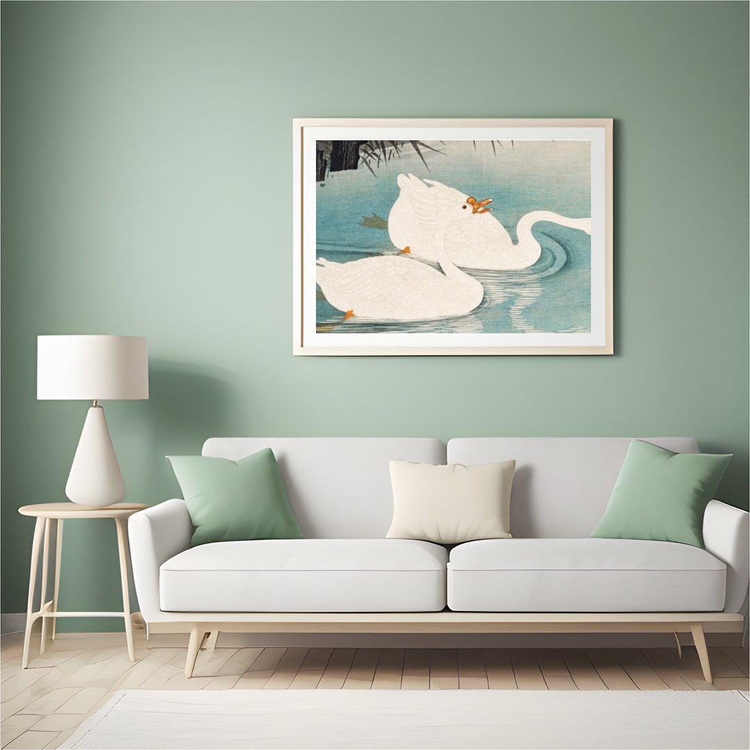 Experience the grace and elegance of nature with this exquisite depiction of swans gliding through for Hall