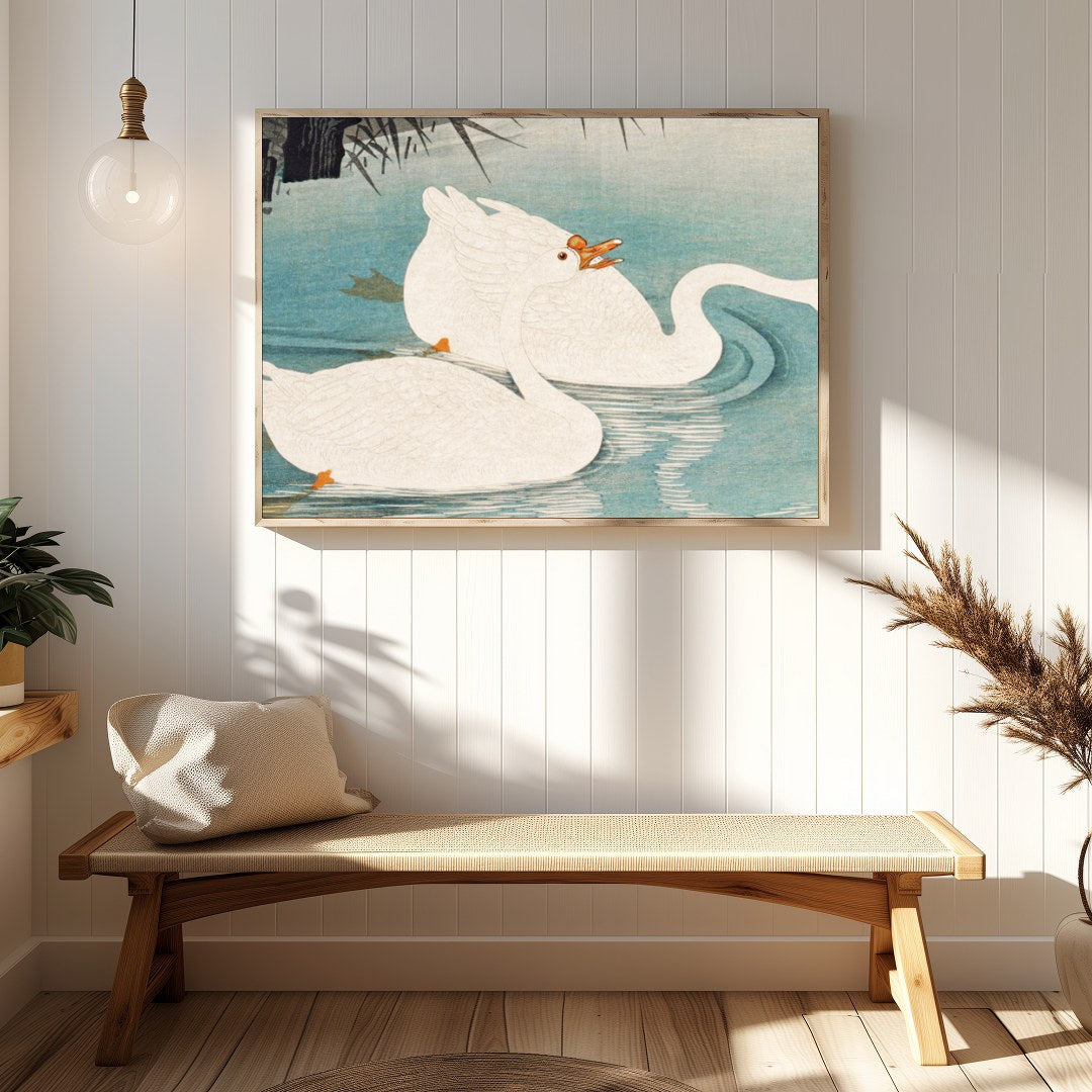 Experience the grace and elegance of nature with this exquisite depiction of swans gliding through for Hallway