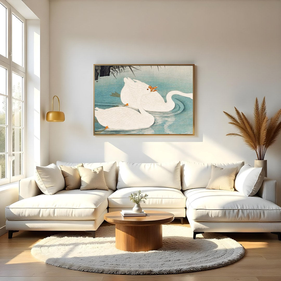 Experience the grace and elegance of nature with this exquisite depiction of swans gliding through for Living Room