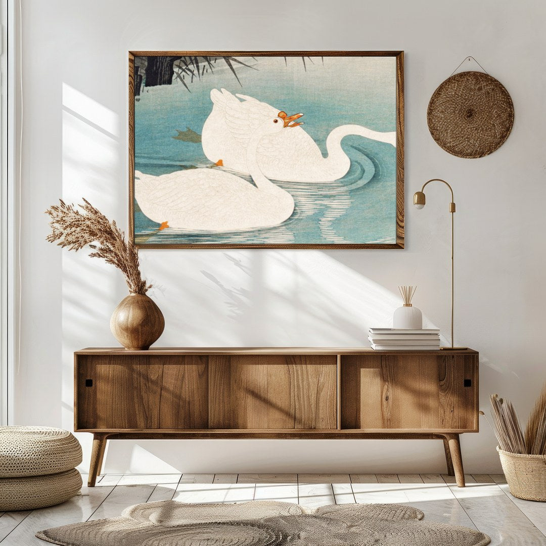 Experience the grace and elegance of nature with this exquisite depiction of swans gliding through for Sitting Area