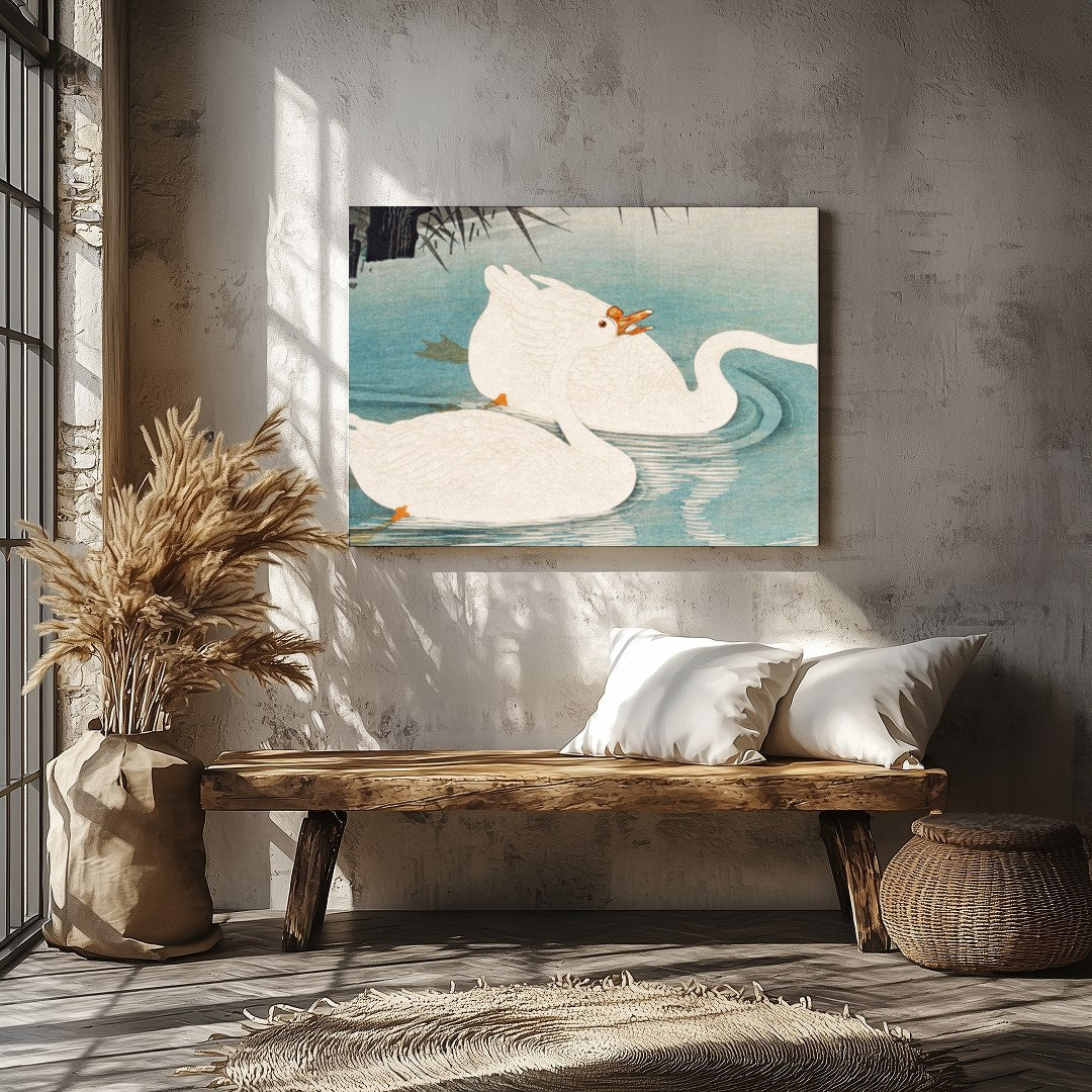 Experience the grace and elegance of nature with this exquisite depiction of swans gliding through for Veranda