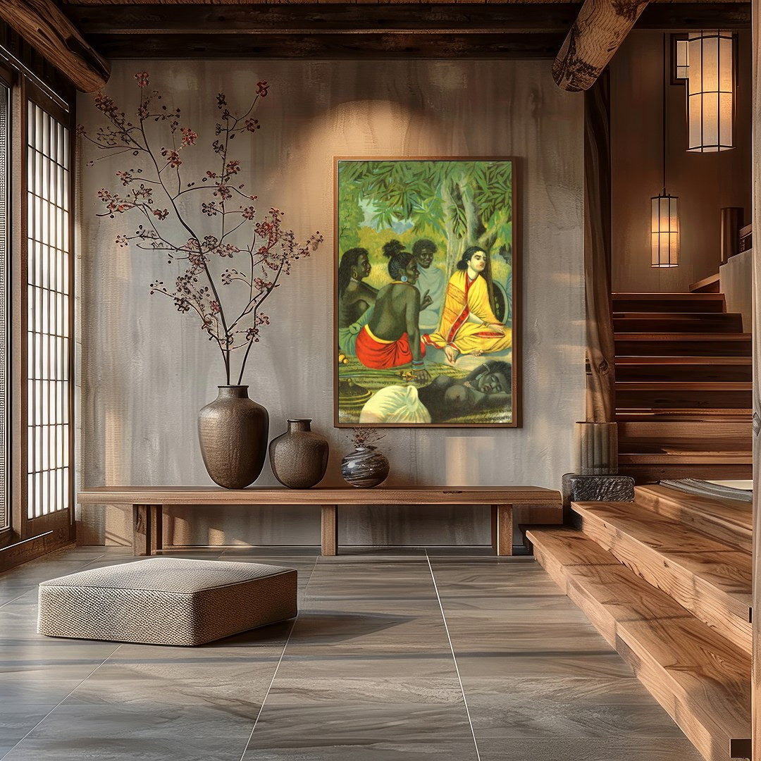 Experience the tranquility and warmth of community with this captivating artwork, depicting a for Hall