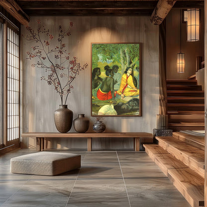 Experience the tranquility and warmth of community with this captivating artwork, depicting a for Hall