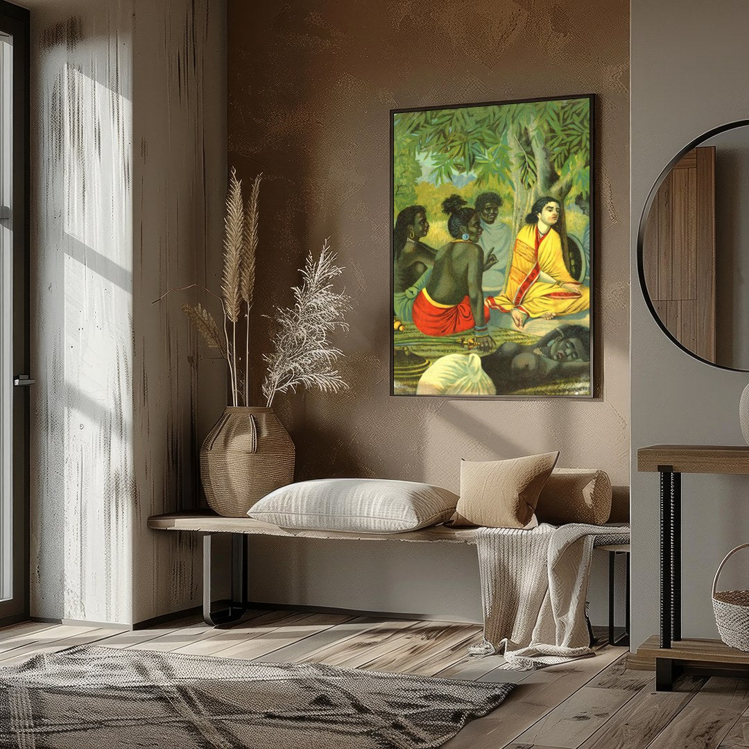 Experience the tranquility and warmth of community with this captivating artwork, depicting a for living-space