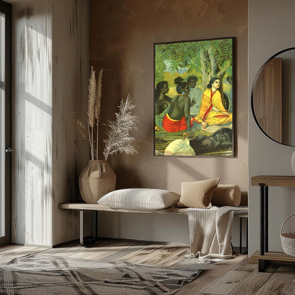 Experience the tranquility and warmth of community with this captivating artwork, depicting a for living-space