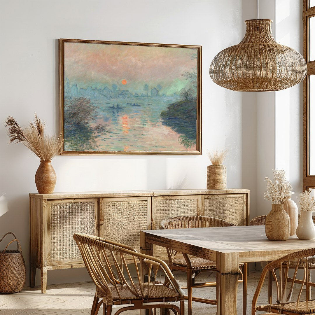 Immerse yourself in the tranquil hues of 'Serene Twilight Over River', a captivating piece that for Dining