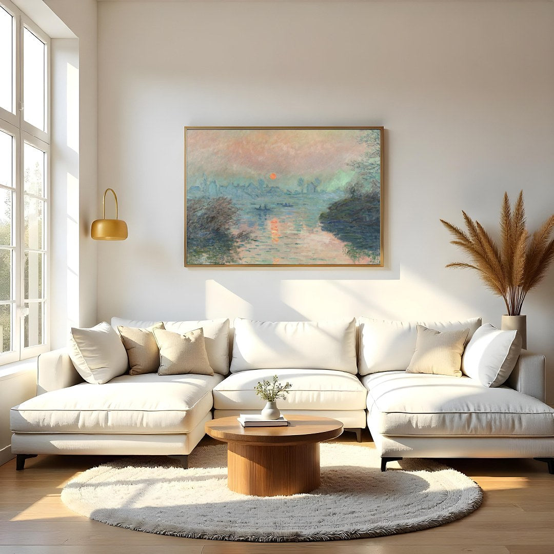Immerse yourself in the tranquil hues of 'Serene Twilight Over River', a captivating piece that for Living Room