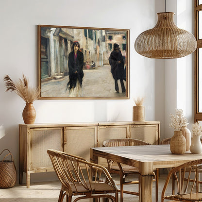This captivating artwork captures a tranquil street scene in Venice, featuring a solitary figure for Dining