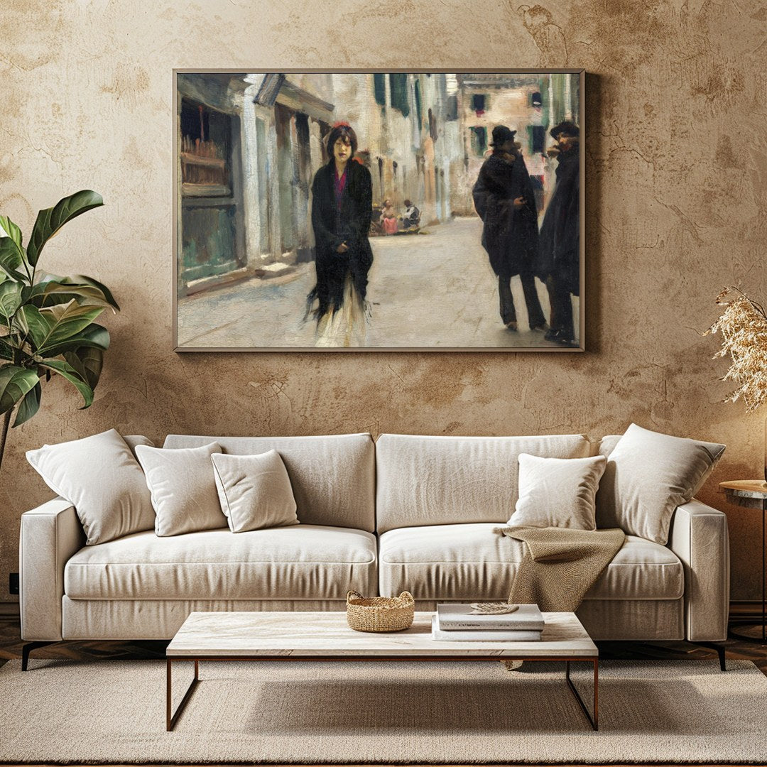 This captivating artwork captures a tranquil street scene in Venice, featuring a solitary figure for Family Room