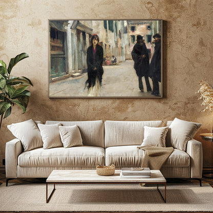 This captivating artwork captures a tranquil street scene in Venice, featuring a solitary figure for Family Room
