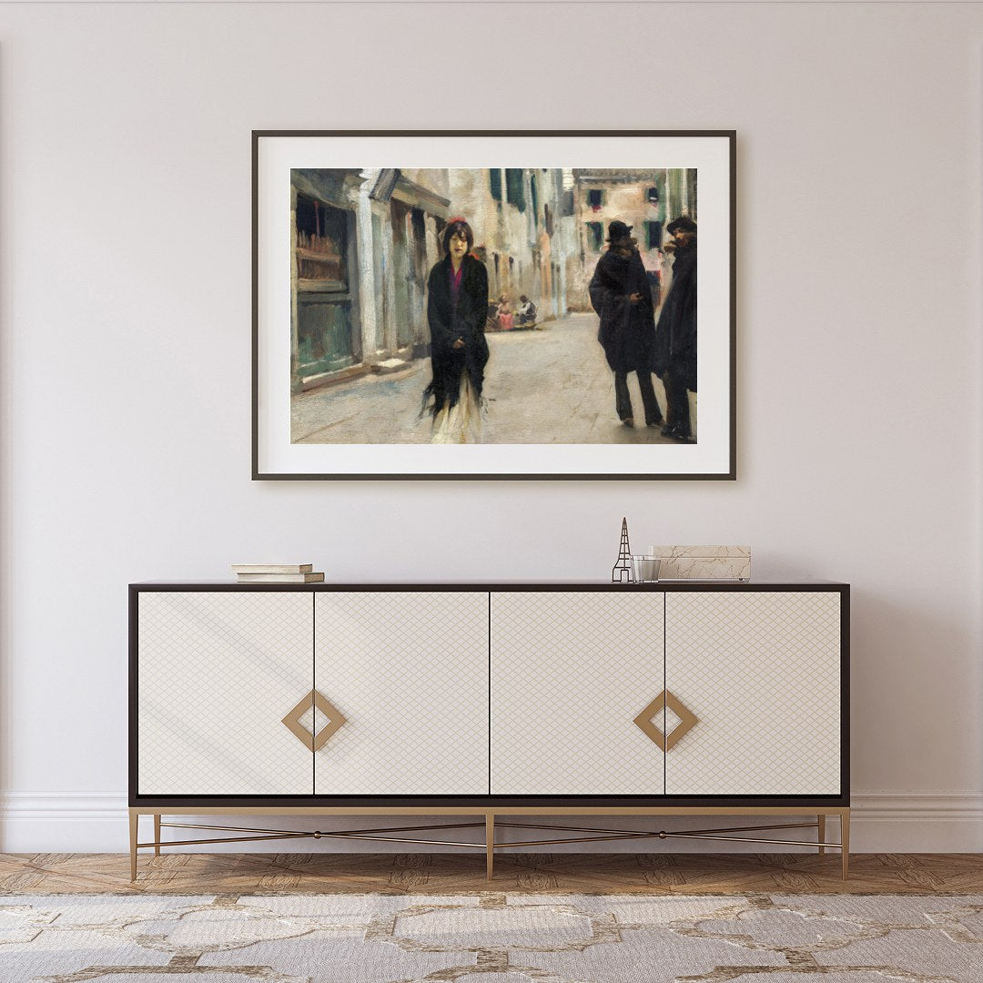 This captivating artwork captures a tranquil street scene in Venice, featuring a solitary figure for Foyer