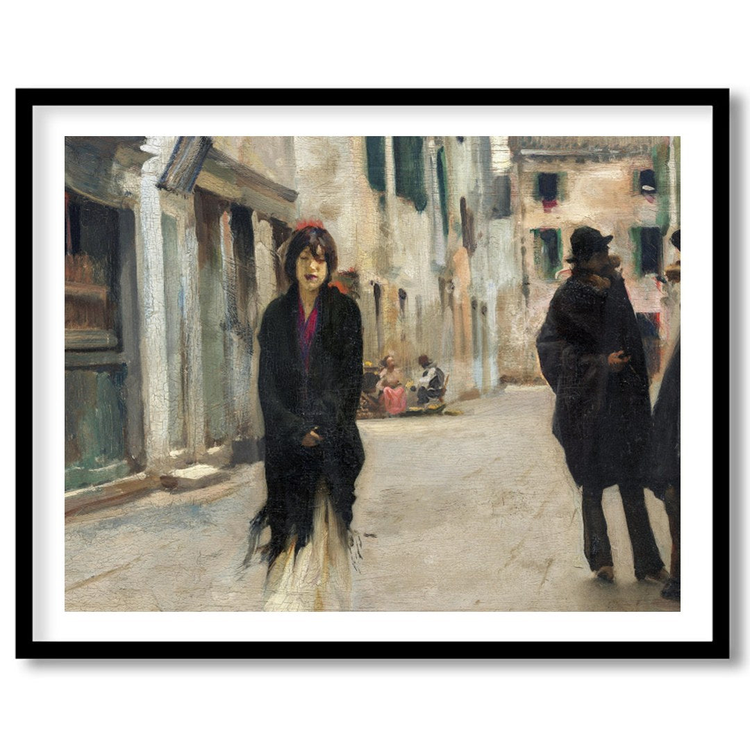 This captivating artwork captures a tranquil street scene in Venice, featuring a solitary figure for gallery