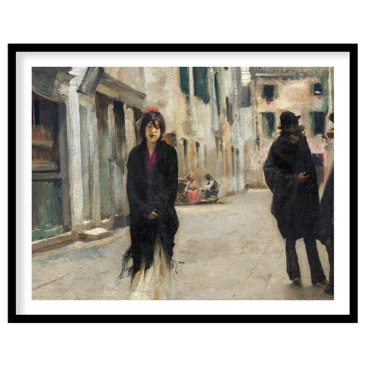 This captivating artwork captures a tranquil street scene in Venice, featuring a solitary figure for gallery