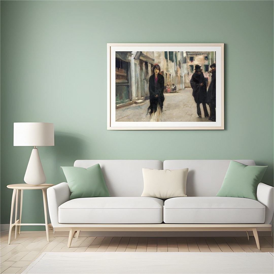 This captivating artwork captures a tranquil street scene in Venice, featuring a solitary figure for Hall