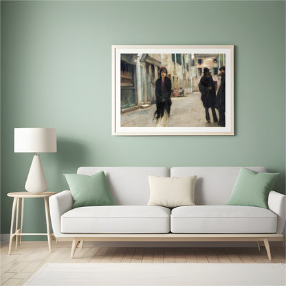 This captivating artwork captures a tranquil street scene in Venice, featuring a solitary figure for Hall