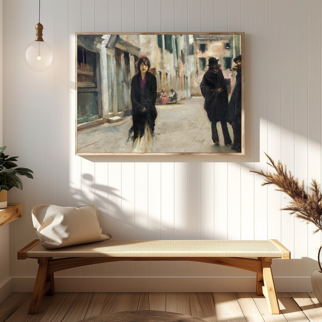 This captivating artwork captures a tranquil street scene in Venice, featuring a solitary figure for Hallway