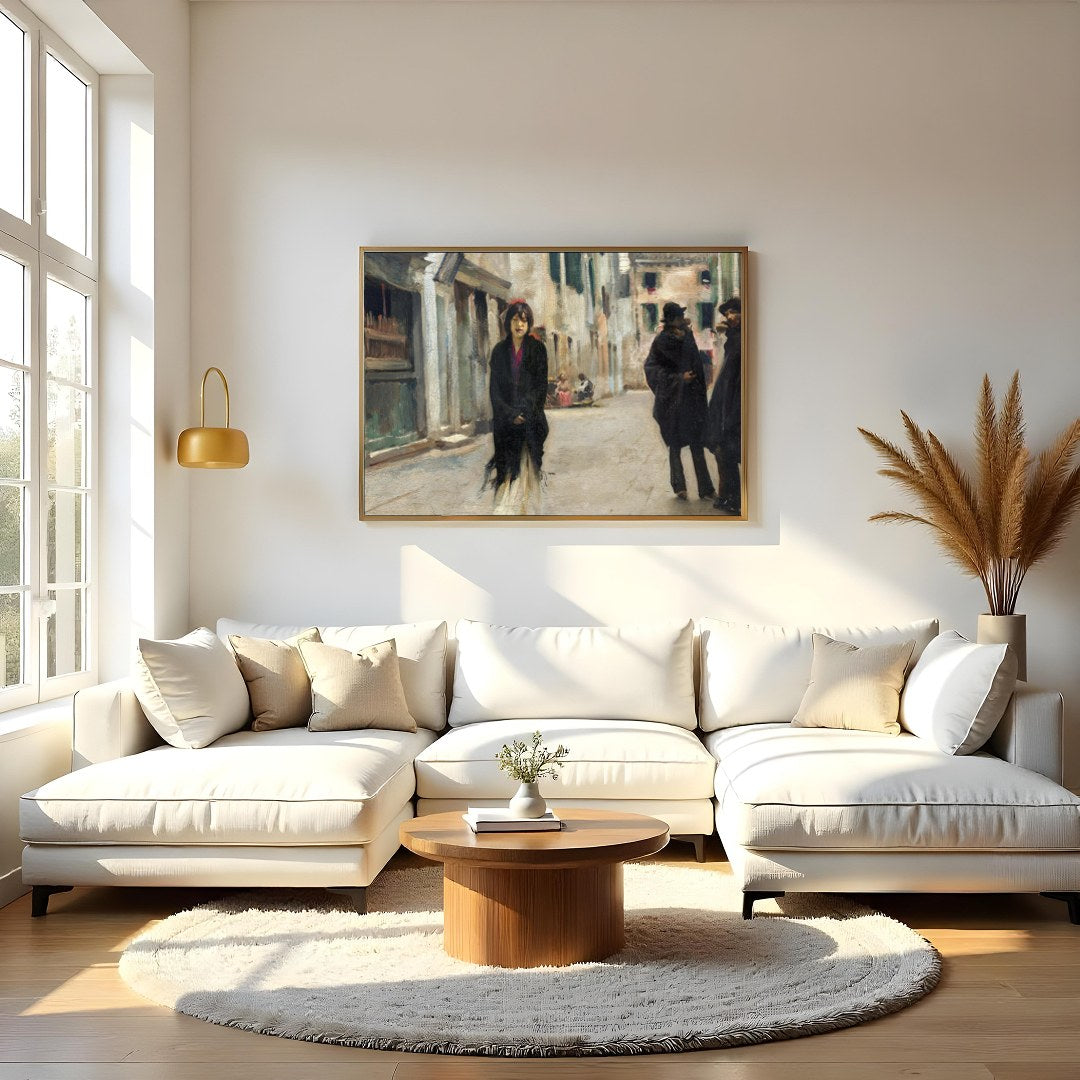 This captivating artwork captures a tranquil street scene in Venice, featuring a solitary figure for Living Room
