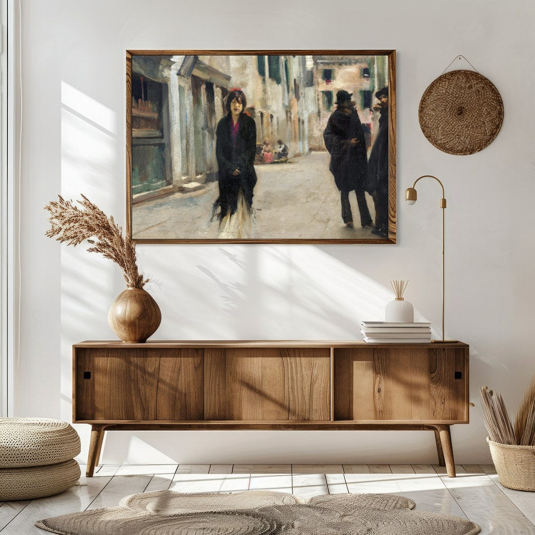 This captivating artwork captures a tranquil street scene in Venice, featuring a solitary figure for Sitting Area