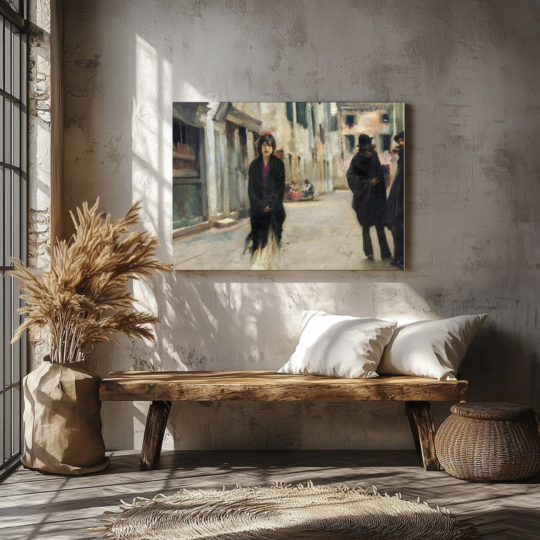 This captivating artwork captures a tranquil street scene in Venice, featuring a solitary figure for Veranda