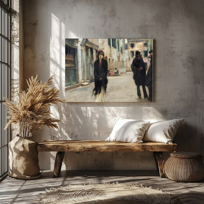 This captivating artwork captures a tranquil street scene in Venice, featuring a solitary figure for Veranda