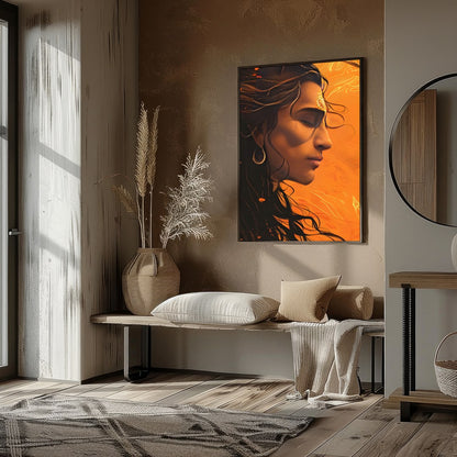 This captivating artwork features a profile portrait bathed in warm orange hues, evoking a sense of for abode