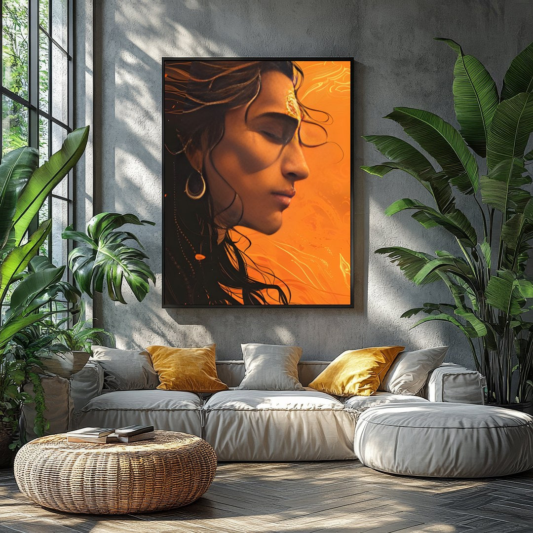 This captivating artwork features a profile portrait bathed in warm orange hues, evoking a sense of for Balcony