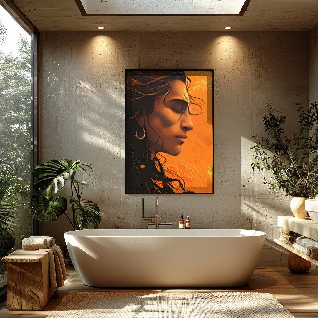 This captivating artwork features a profile portrait bathed in warm orange hues, evoking a sense of for Bathroom