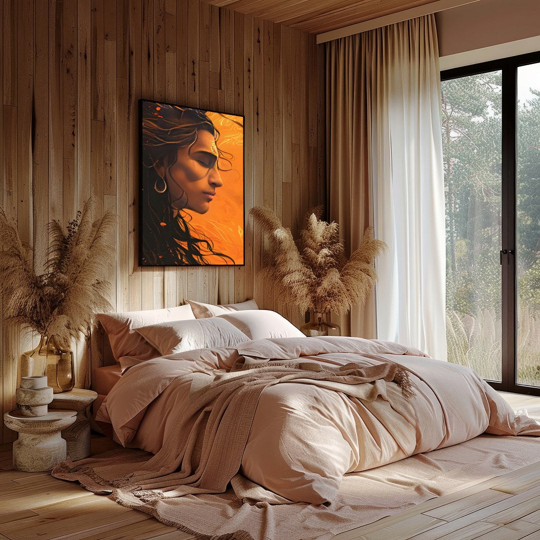 This captivating artwork features a profile portrait bathed in warm orange hues, evoking a sense of for Bedroom