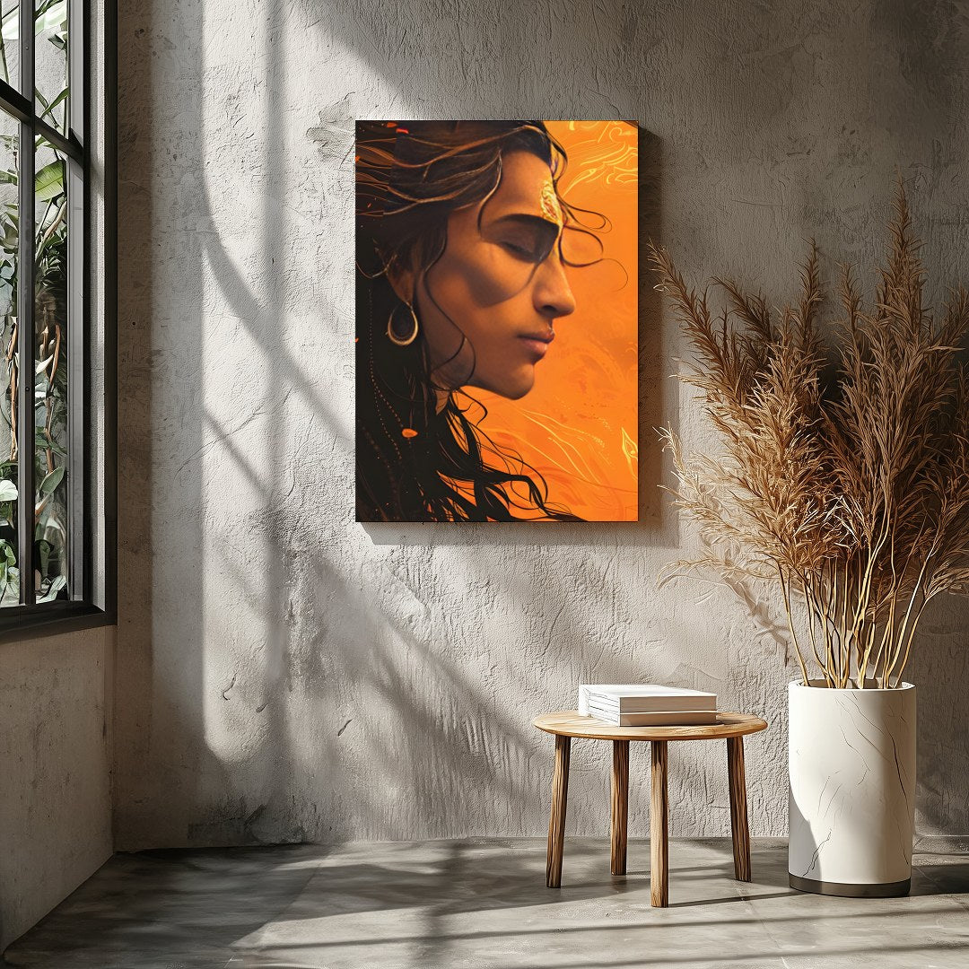 This captivating artwork features a profile portrait bathed in warm orange hues, evoking a sense of for Entrance