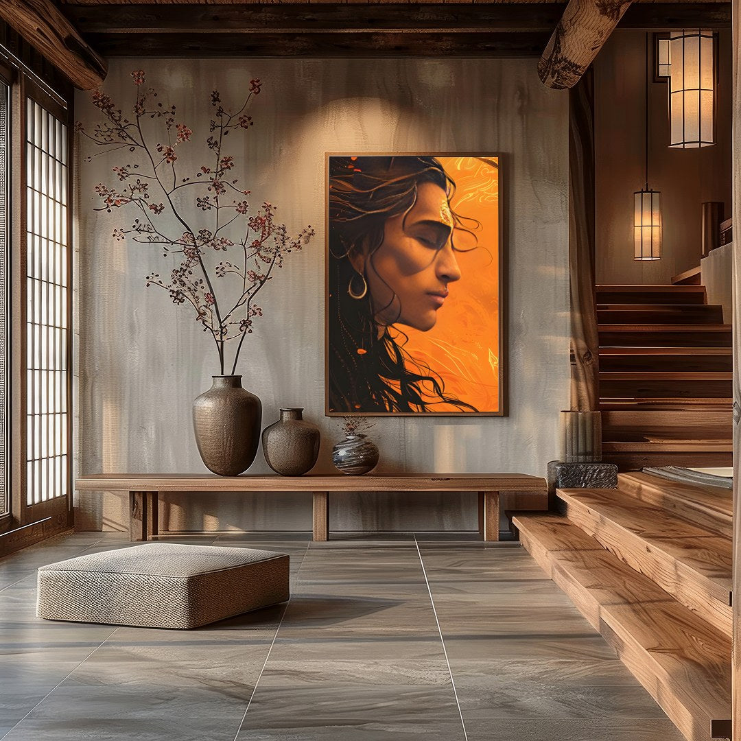 This captivating artwork features a profile portrait bathed in warm orange hues, evoking a sense of for Hall