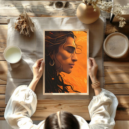 This captivating artwork features a profile portrait bathed in warm orange hues, evoking a sense of for Kitchen