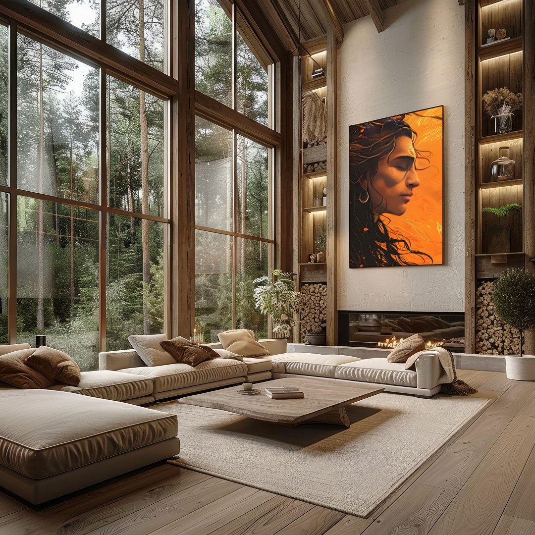 This captivating artwork features a profile portrait bathed in warm orange hues, evoking a sense of for Living Room