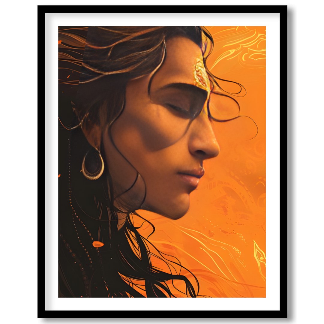 This captivating artwork features a profile portrait bathed in warm orange hues, evoking a sense of for loft