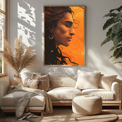 This captivating artwork features a profile portrait bathed in warm orange hues, evoking a sense of for Sitting Area