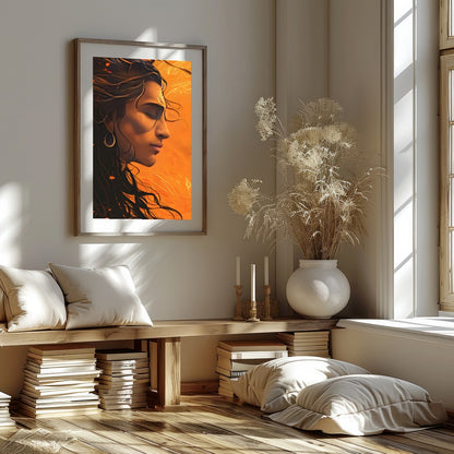 This captivating artwork features a profile portrait bathed in warm orange hues, evoking a sense of for space