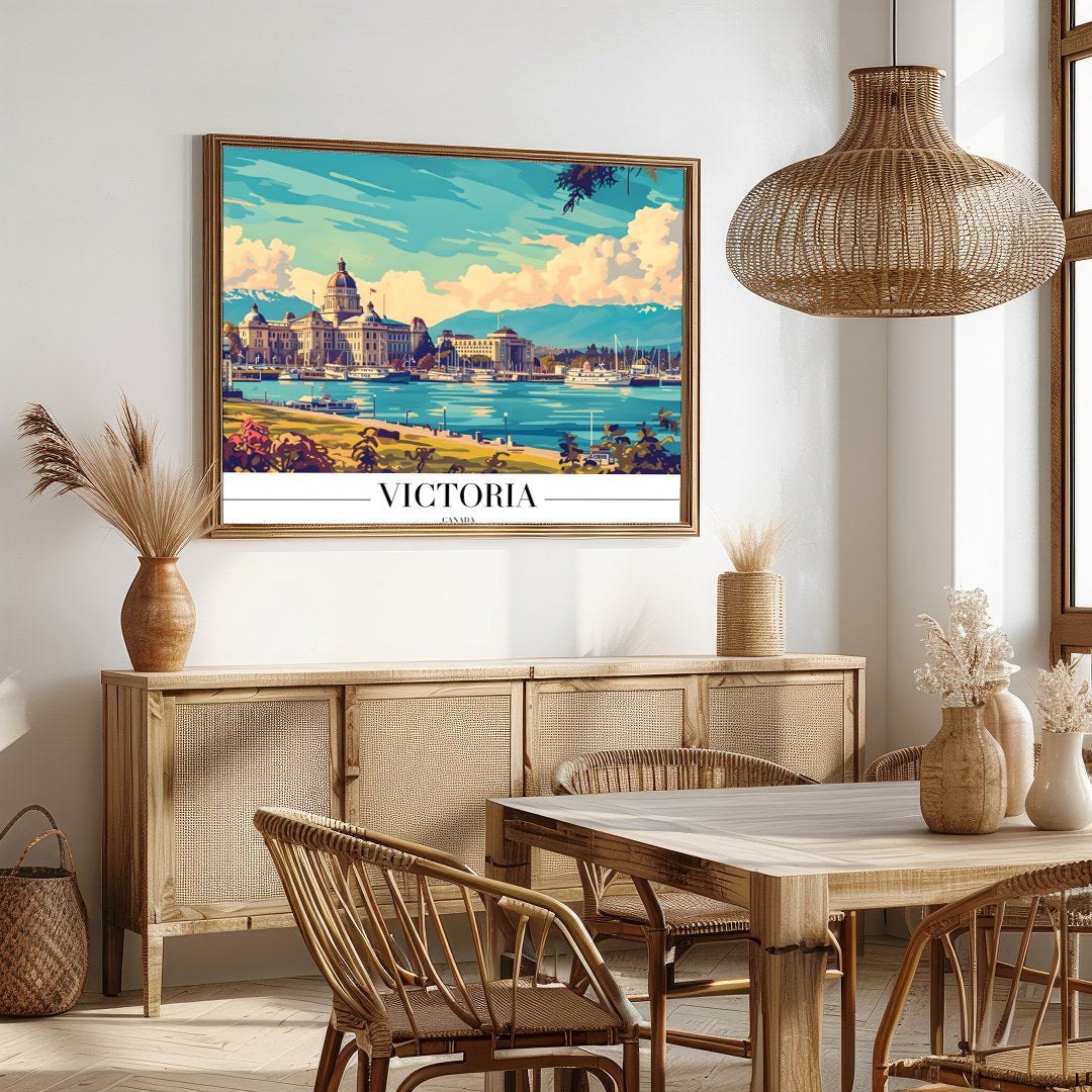 Explore the tranquil beauty of Victoria's harbor with this vibrant artwork. The piece captures the for Dining