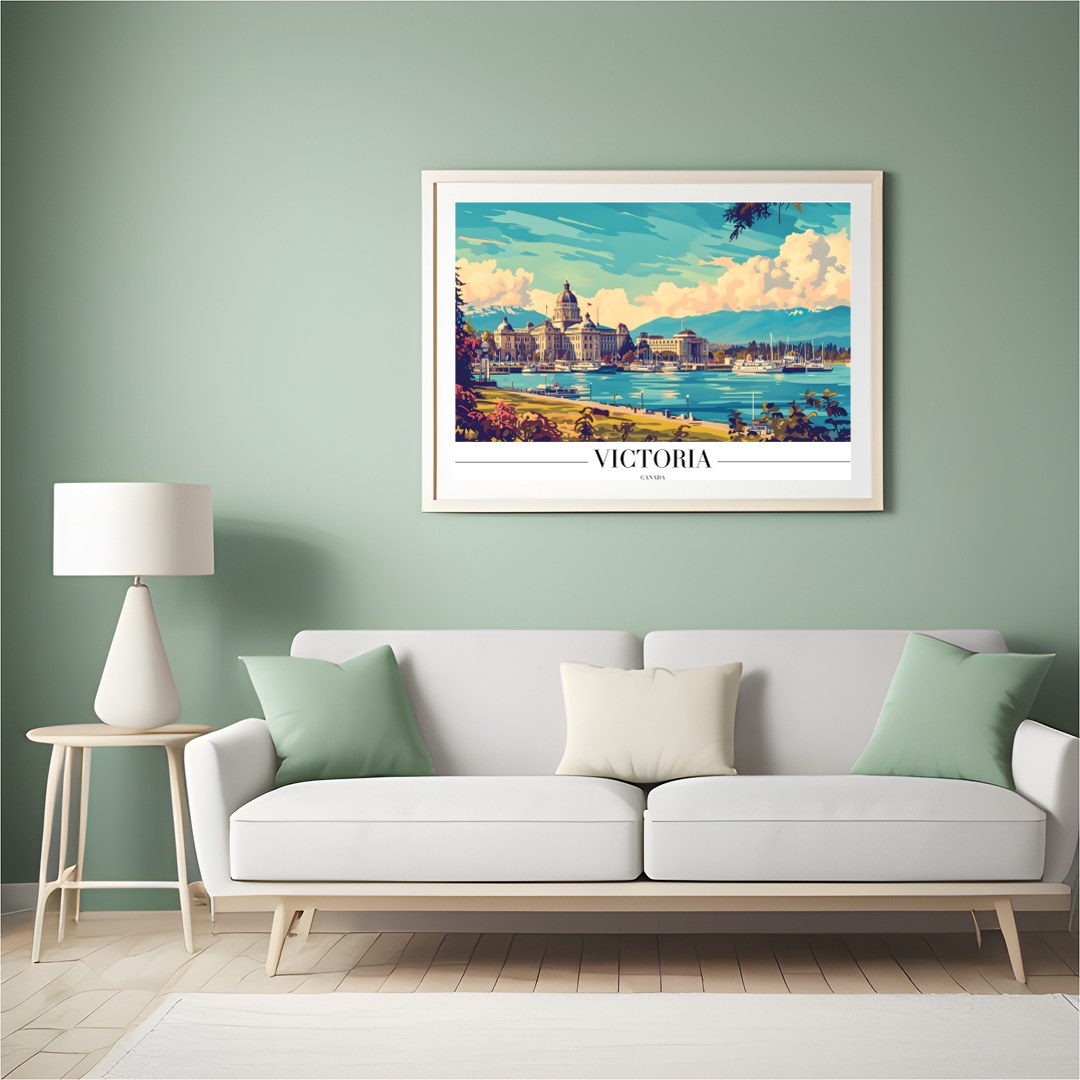Explore the tranquil beauty of Victoria's harbor with this vibrant artwork. The piece captures the for Hall