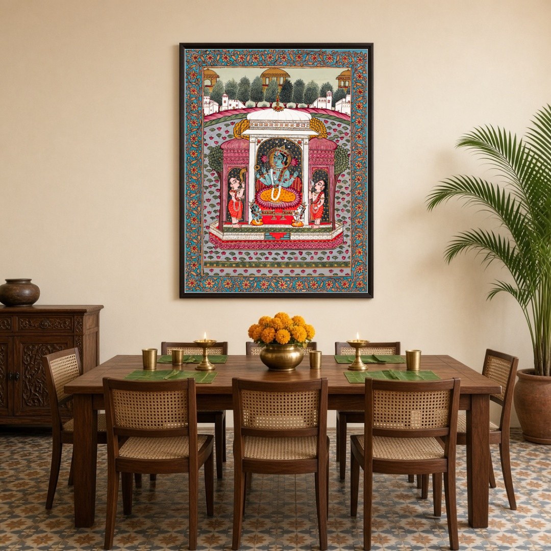 Immerse yourself in the divine serenity of Vishnu nestled among blooming lotus flowers in this for Dining