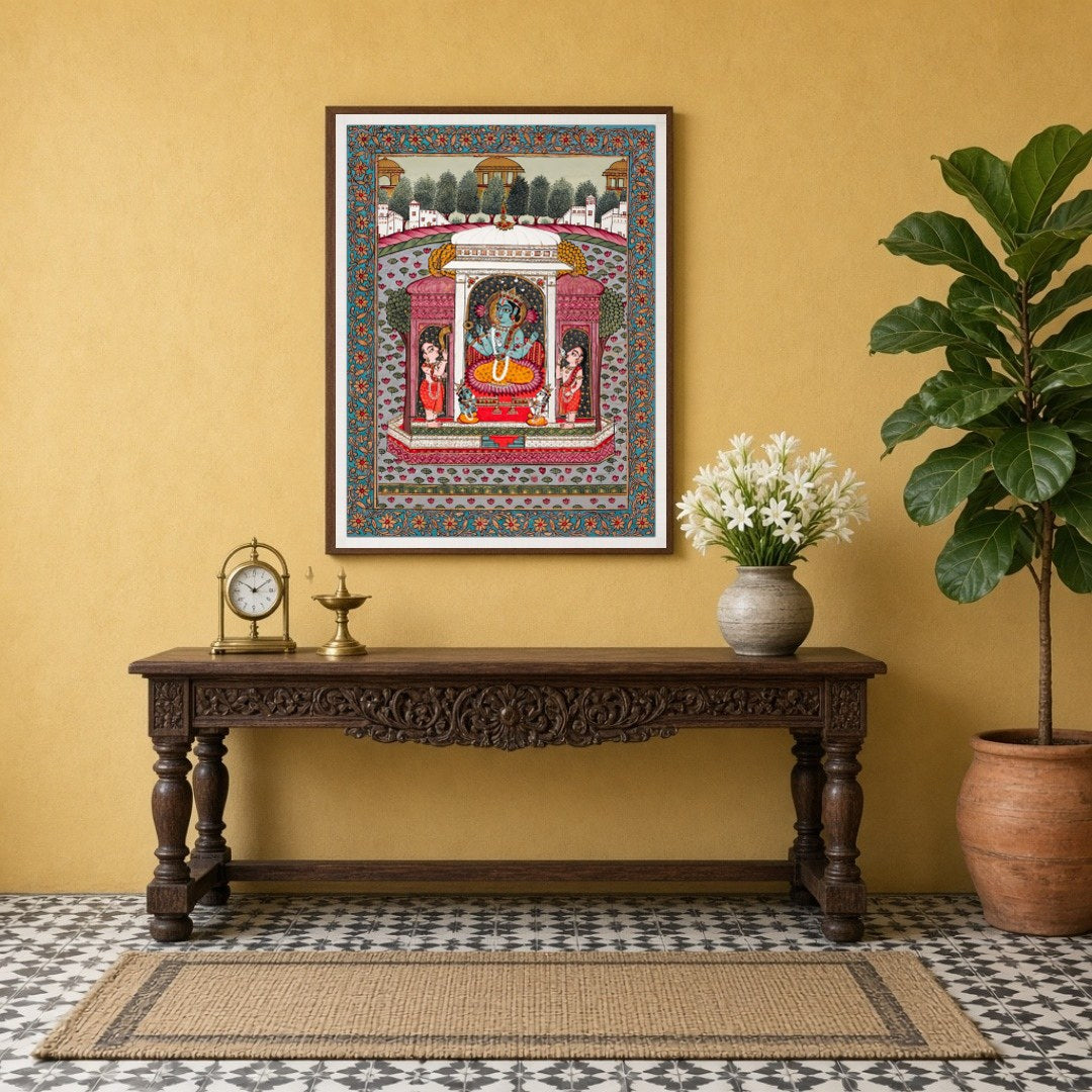 Immerse yourself in the divine serenity of Vishnu nestled among blooming lotus flowers in this for Entrance