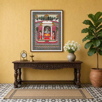 Immerse yourself in the divine serenity of Vishnu nestled among blooming lotus flowers in this for Entrance