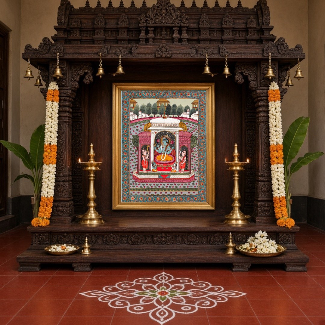 Immerse yourself in the divine serenity of Vishnu nestled among blooming lotus flowers in this for Home Temple