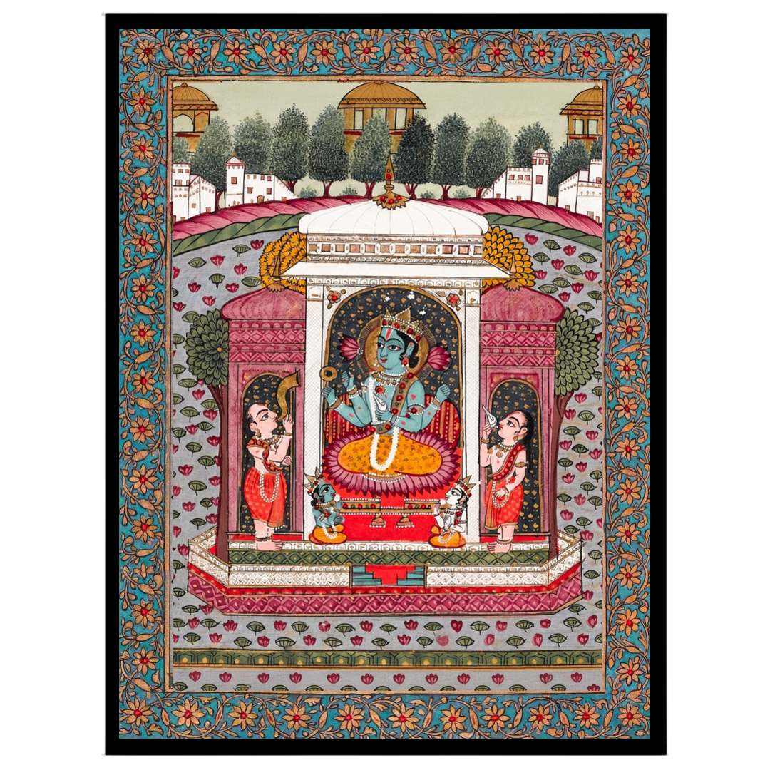 Immerse yourself in the divine serenity of Vishnu nestled among blooming lotus flowers in this for kitchen
