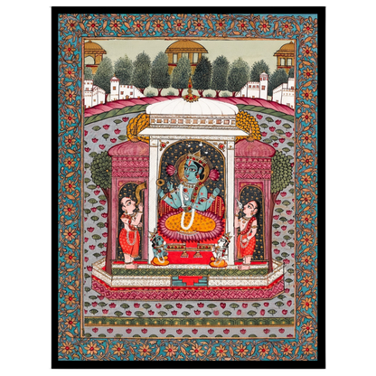 Immerse yourself in the divine serenity of Vishnu nestled among blooming lotus flowers in this for kitchen