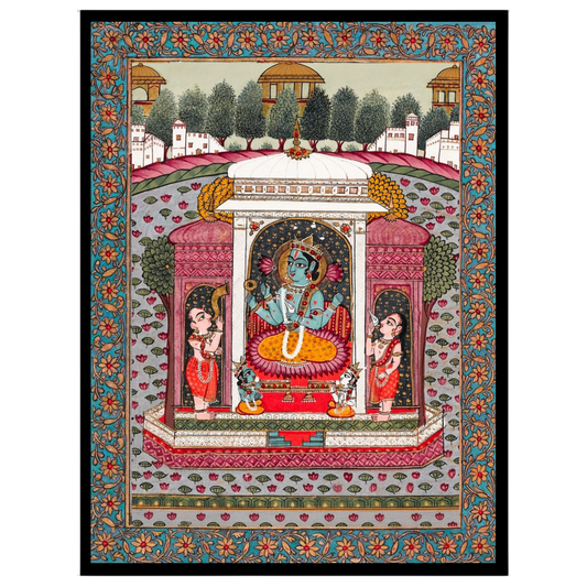 Immerse yourself in the divine serenity of Vishnu nestled among blooming lotus flowers in this for kitchen