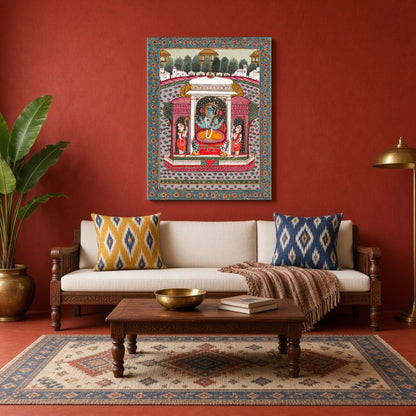 Immerse yourself in the divine serenity of Vishnu nestled among blooming lotus flowers in this for Living Room