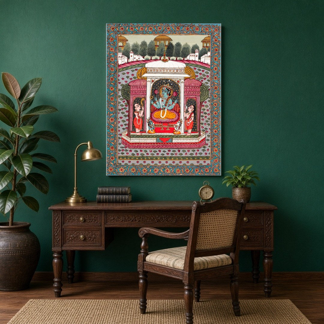 Immerse yourself in the divine serenity of Vishnu nestled among blooming lotus flowers in this for Study