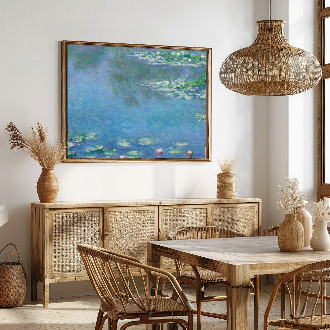 Capture the tranquil beauty of serene waters with this impressionist piece featuring delicate water for Dining