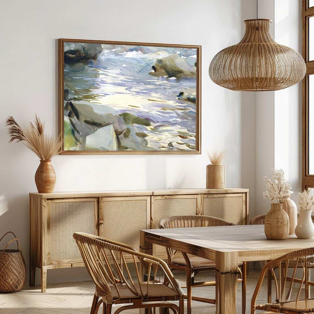 This exquisite watercolor painting captures the tranquil beauty of a flowing stream surrounded by for Dining