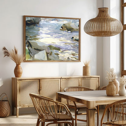 This exquisite watercolor painting captures the tranquil beauty of a flowing stream surrounded by for Dining
